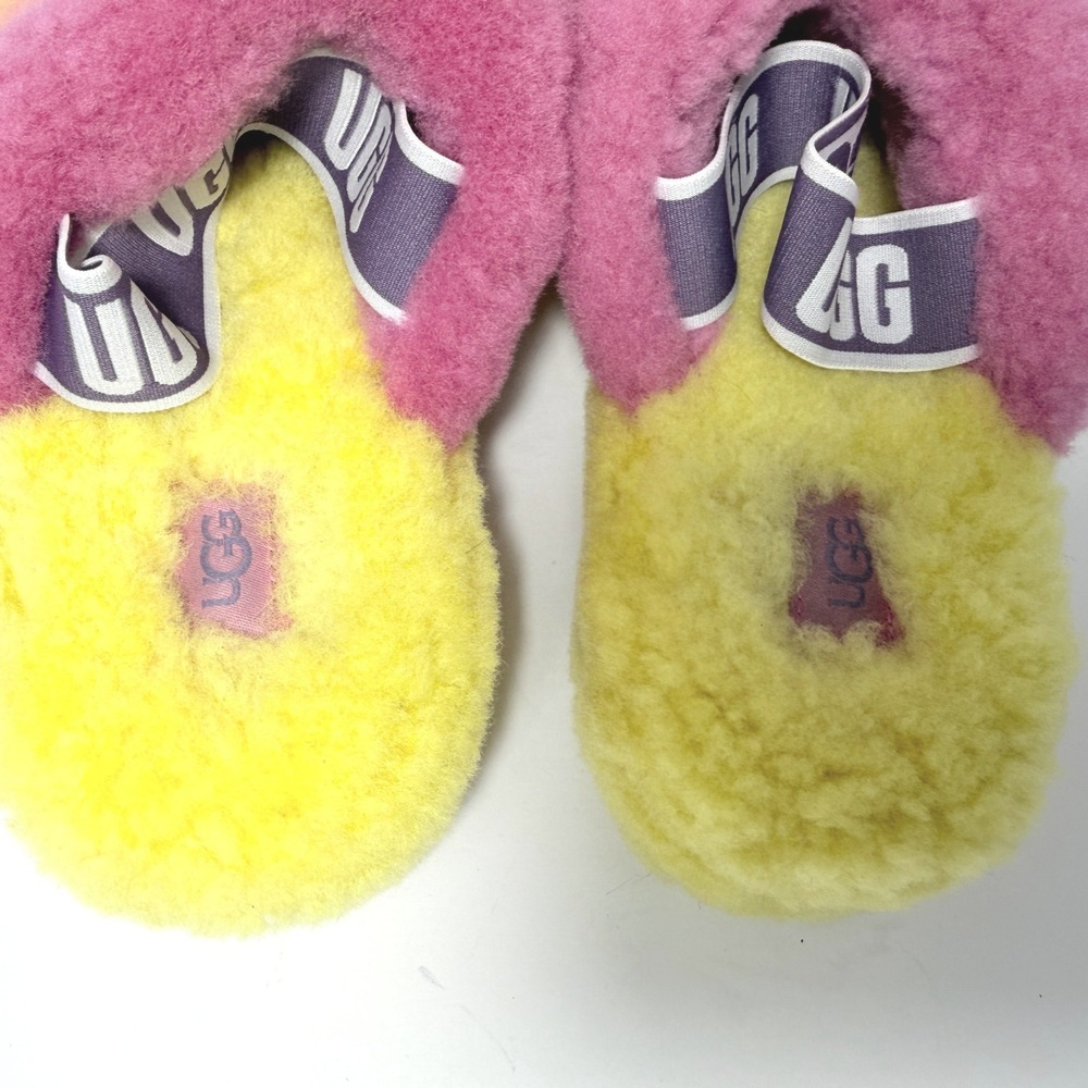 UGG Fluff Yeah Slide Rainbow Sheepskin Slippers Pink Orange Yellow Est. Size 9 - Picture 4 of 8